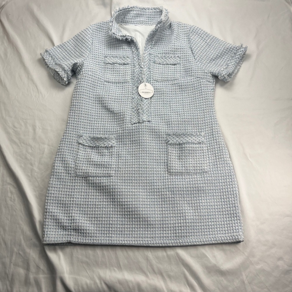 Pehmea Tweed Frayed Edge Mock Neck Blue White Shift Dress